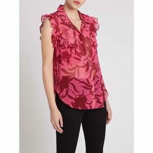 MISA Los Angeles Jessica Top Women's Sz S Pink Graphic Floral Sleeveless Sheer‎